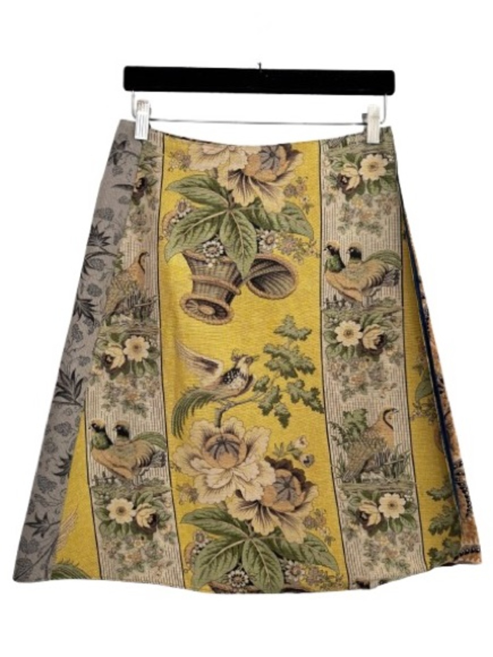 Bird Floral Paisley Snap Button Reversible A-Line Denim Skirt Maximalism Boho
